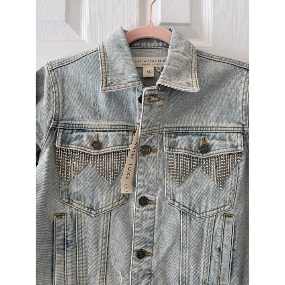 Saltwater Luxe XS Oversized Rhinestone Fringe Denim Jacket Western Festival NWT - Picture 3 of 8